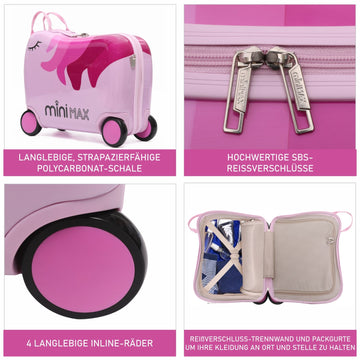 MiniMax Kinder-Ride-On-Koffer 45x36x20cm – Einhorn-Design – 4-teiliges Reiseset mit Kordelzugbeutel, Nackenkissen & 50+ Stickern – EasyJet Max Handgepäckgröße 29L Trolley